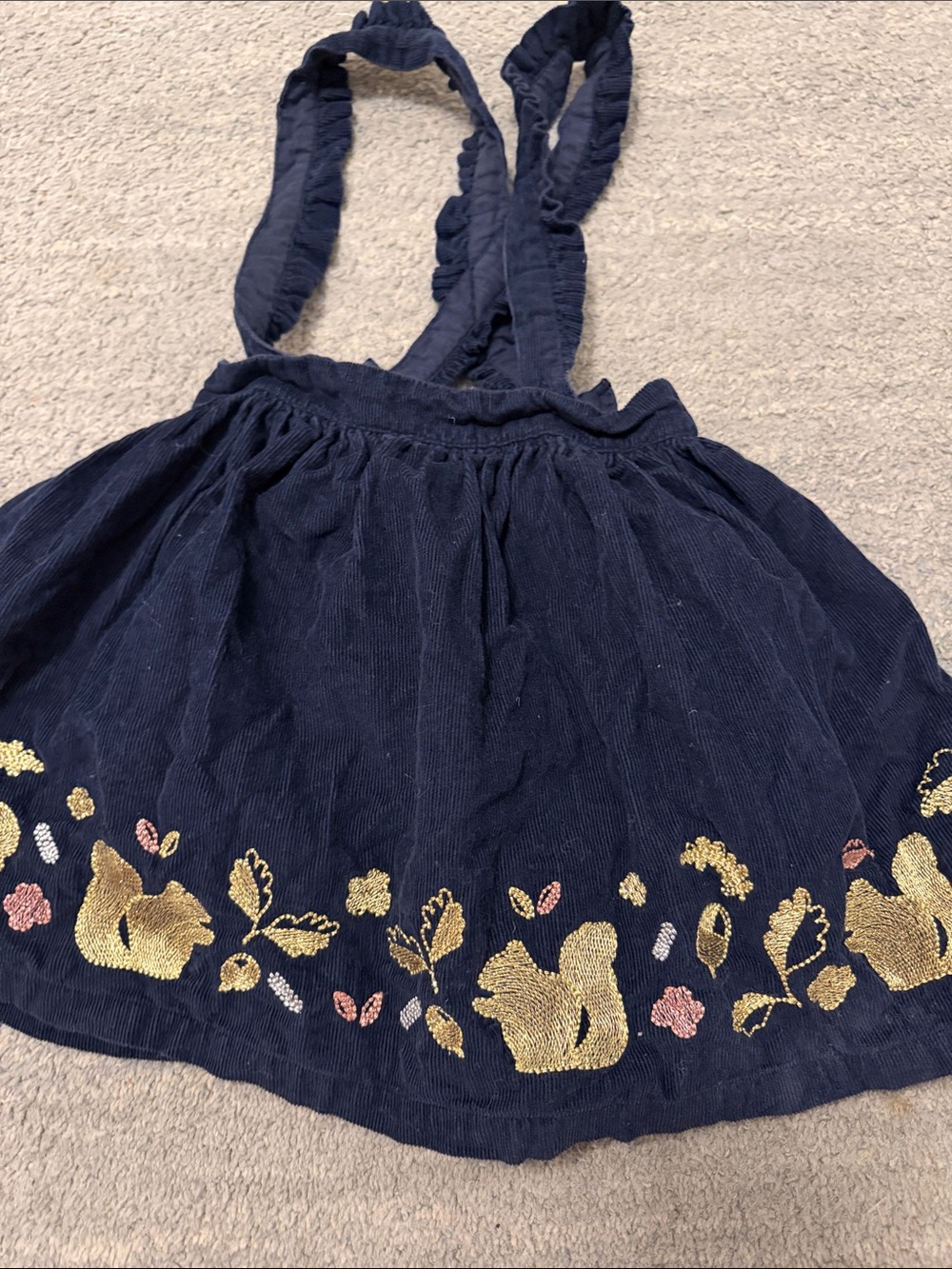 Mini Boden Navy Blue Corduroy jumper with Gold & Pink Embroidered Squirrels